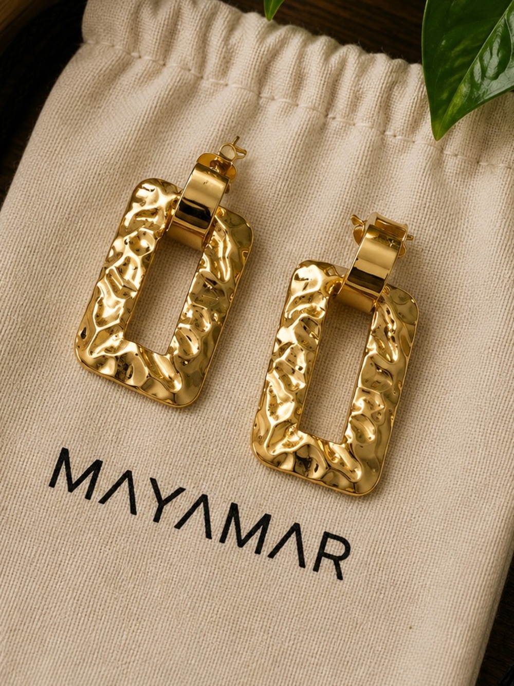 New Mayamar Gold Textured Rectangle Drop Earrings